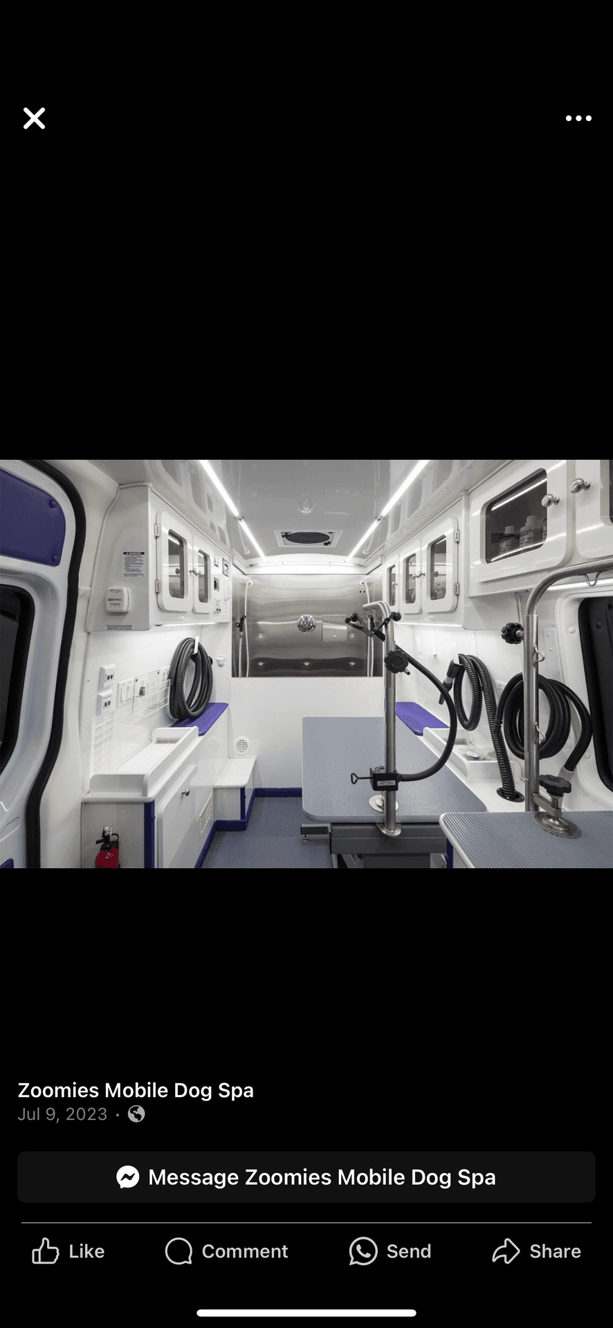 Interior view of a mobile dog spa equipped with grooming tables, hoses, and storage cabinets.